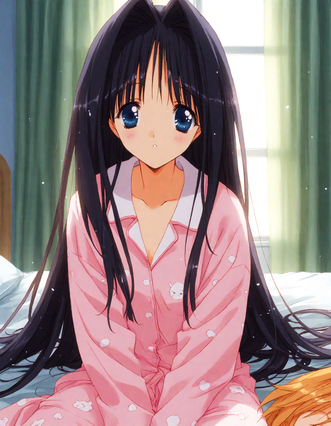 score_9, score_8_up, score_7_up, masterpiece, best quality, absurdres, official art, official style, (anime coloring, anime screencap, megami magazine, flat color:1.3), zPDXL2, zPDXLxxx,
<lora:Nanase_Aoi_Style_Pony_v1:1.0>, 1girl, solo focus, Nanase_Aoi_Style, (early_nanase:1.3)
bedroom, on bed, bed sheet, dim lighting, light particles, (close-up:1.3), looking at viewer, dutch angle, 
, sleepwear, messy hair, hair down, pajamas, sitting, long hair, black hair, blush, blue eyes, indoors, window, very long hair, :<, parted lips, curtains, pov