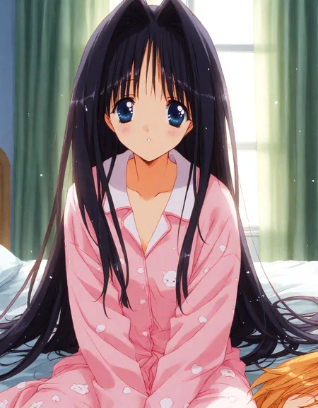 score_9, score_8_up, score_7_up, masterpiece, best quality, absurdres, official art, official style, (anime coloring, anime screencap, megami magazine, flat color:1.3), zPDXL2, zPDXLxxx,
<lora:Nanase_Aoi_Style_Pony_v1:1.0>, 1girl, solo focus, Nanase_Aoi_Style, (early_nanase:1.3)
bedroom, on bed, bed sheet, dim lighting, light particles, (close-up:1.3), looking at viewer, dutch angle,
, sleepwear, messy hair, hair down, pajamas, sitting, long hair, black hair, blush, blue eyes, indoors, window, very long hair, :<, parted lips, curtains, pov