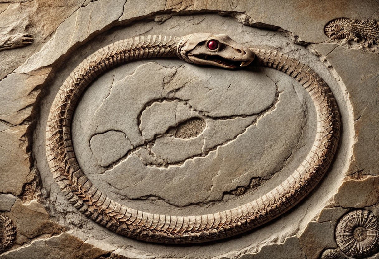 Ouroboros fossil in stone, DonMF0551l5XL, 8k, high resolution, fine quality, high quality, very detailed, photo realistic, snake eating its own tail, snake with its tail in its mouth, solo snake, detailxl, snake has a ruby as an eye.
