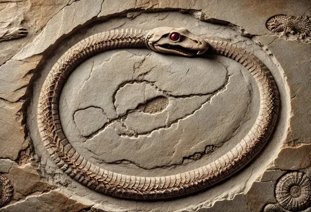 Ouroboros fossil in stone, DonMF0551l5XL, 8k, high resolution, fine quality, high quality, very detailed, photo realistic, snake eating its own tail, snake with its tail in its mouth, solo snake, detailxl, snake has a ruby as an eye.
