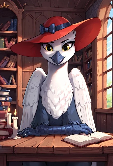 masterpiece, score_9, score_8_up, score_7_up, score_6_up, score_5_up, source_furry, (best quality:1.1), ultra-detailed, high resolution, solo, Princess Lycklig, griffon, avian, feral, female, (((beautiful detailed yellow eyes))), big eyes, long eyelashes, black beak, serious, black and white feathers, wings, vintage wide brim red hat, scarf with polka dots, indoors, medieval, home, wooden table, rich decor, sitting, leaning on table, bookshelf, throne, books, candle on table, inkwell, three quarter view, looking down, the quality of ai art is frightening, highly detailed, Highly Visible, sharp focus, perfect lighting, anatomically correct, extremely detailed, shine on body, high detail, Expressiveh, detailed background, OverallDetail, zPDXL2