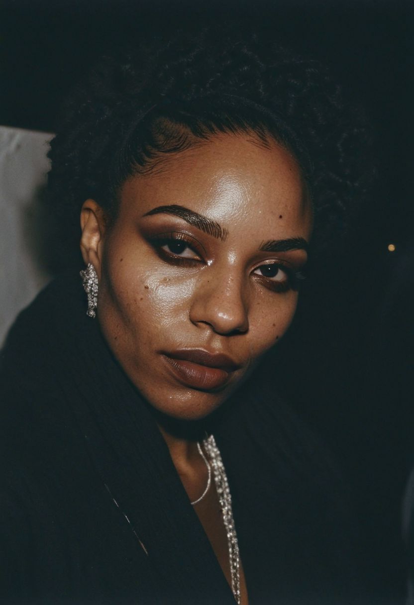 (gritty analog photo:1.2), candid (snapshot:1.2) of a sophisticated and cool 22-year-old biracial female hip-hop artist from Brooklyn backstage at a concert venue, natural skin texture, realistic skin texture, (skin pores:0.8), (skin oils:0.8), behind the scenes snapshot, high contrast, deep shadows, hires, highly detailed, Rembrandt lighting, low key lighting, (film grain:1.2), the picture conveys effortless coolness, polaroid style, monochrome
