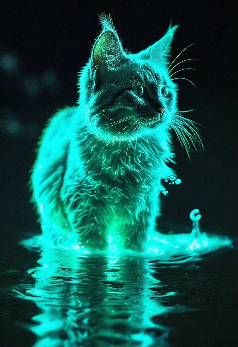 a bioluminescent cat glowing in water