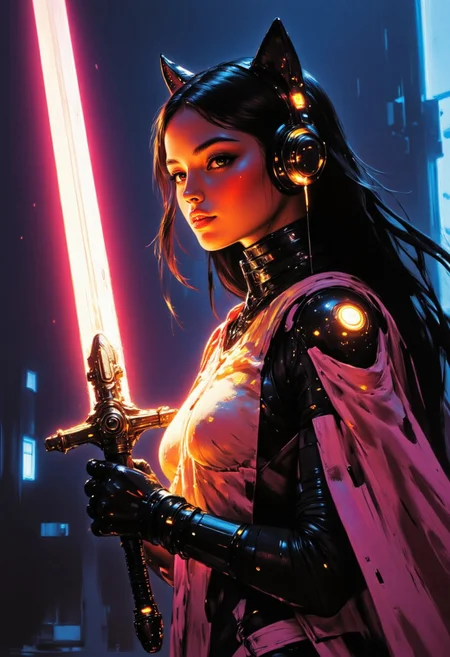 painted world, Comic art style, Female cyborg knight with loose black hair with orange fade in power armor, holding a glowing sword, glowing-neon-trim, cyberpunk, portrait, glowing slit-pupil eyes, razr kitty style mechanical cat-ear headphones, cybernetic limbs, cyberpunk neon city background, rain, detail,