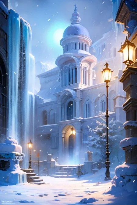 (masterpiece, best quality:1.2), Numenor, waterfall, medieval fantasy city, stairs, (street lamp:0.8), ice, snowing, morning, fog, professional lighting, 8k ultra detailed, photorealistic, cinematic shot <lora:Numenor:0.7> <lora:RealmsOfIce:0.7>  <lora:add_detail:0.8>