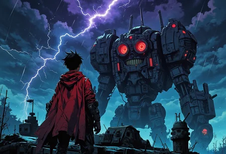 anime, A digital illustration of a boy in a red cloak standing on top of a military vehicle, looking up at a large, goddess, menacing nightmare looming behind him. The boy has spiky black hair and is facing away from the viewer, with his back to the viewer. The monster machine has glowing fire eyes, a creepy smile and its dark_blue, purple, magenta, cyan. The background is a stormy sky with dark clouds, rain, lightning and thunder and the scene is set in a post-apocalyptic world. The style is reminiscent of comic book art, with a focus on dramatic lighting and detailed textures.