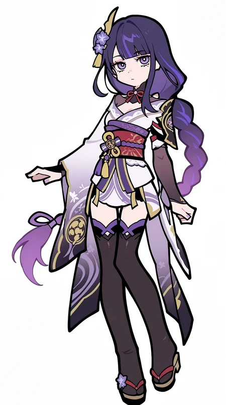 masterpiece, best quality,high quality, newest, highres,absurdres, simple background, white background, zzzemoji, 1girl, long hair, braid, japanese clothes, solo, sash, purple eyes, purple hair, obi, single braid, bangs, simple background, looking at viewer, hair ornament, sidelocks, thighhighs, white background, shoulder armor, full body, wide sleeves, standing, kimono, blunt bangs, mole under eye, low ponytail, mole, long sleeves <lora:ZZZ_Emoji_style_ILv2:1>,