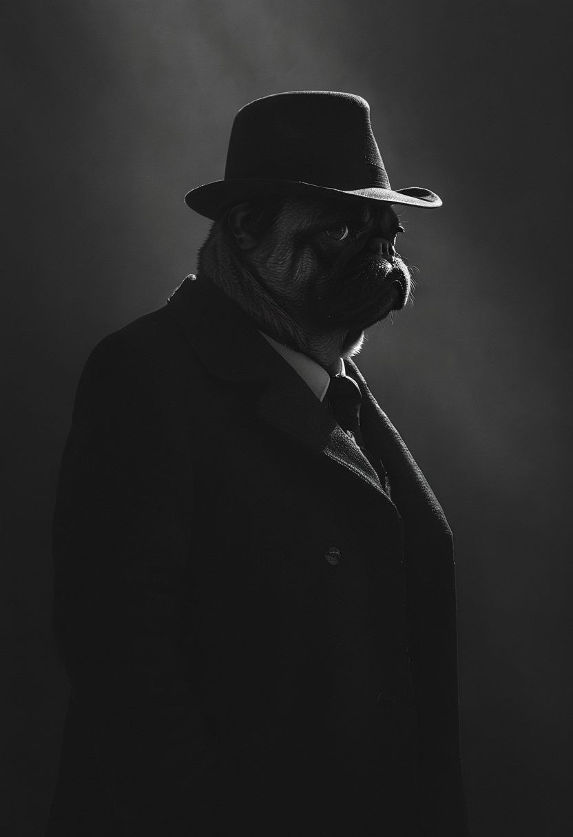(anthropomorphic pug: 1.29) noir detective in Los Angeles,, Volumetric lighting, concept art, sharp focus, digital art <lora:xl_more_art-full_v1:0.8> <lora:Into_Darkness:0.8>, fedora, smokey, trench coat, revolver held at ready