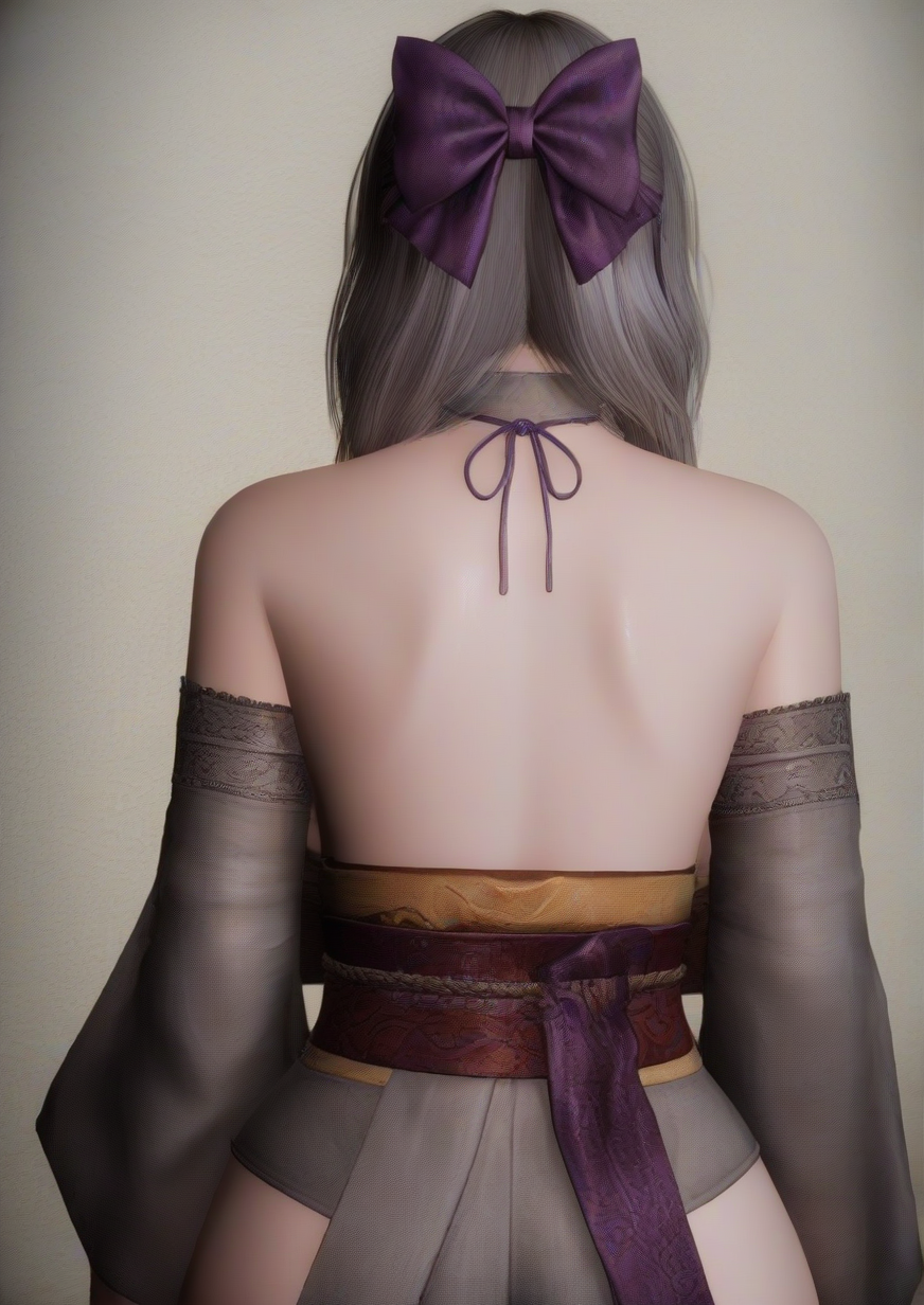 1girl, shiraishi tsumugi, huge breast, arm garter, back, back focus, backlighting, bare shoulders, bow, from behind, grey hair, hair bow, hair over shoulder, japanese clothes, long hair, obi, purple bow, sash, shoulder blades, solo, upper body, wristband, 3d, zPDXL3 <lora:skyrimreal:1>