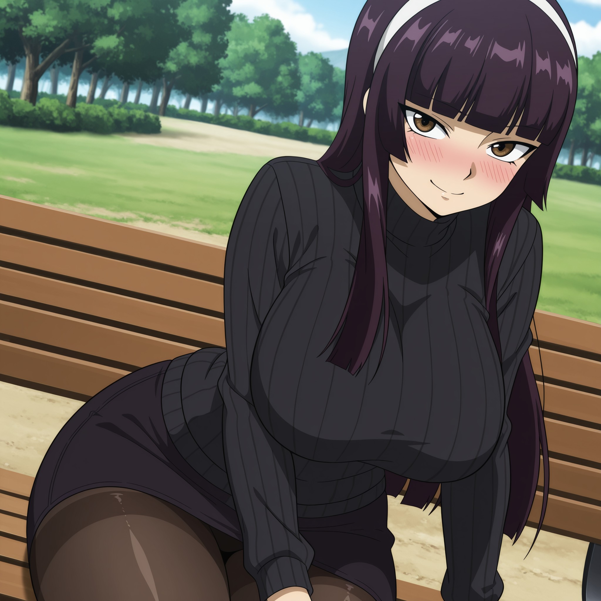 masterpiece, best quality, amazing quality, masterpiece, best quality, amazing quality, masterpiece, best quality, amazing quality, very aesthetic, high resolution, ultra-detailed,1girl, solo,Kagura,dark Brown purple hair Bangs, Hime_cut, long hair,hair_band, bow, blunt_bangs, sidelocks,Brown eyes, black eyeliner, (huge_breasts:1.2, curvy_hips), shinny body, shinny skin, anime screencap, anime coloring,Burst breasts, , 1girl, solo,,Black pullover, long sleeves, black skirt, denim tights, sitting in the park, looking at viewer, blushing, smiling,, <lora:9bef0722-1293-4f4d-836c-a5c5bc6236b1:0.7>
