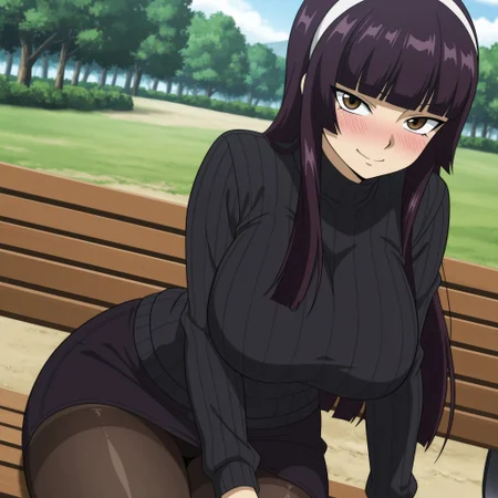 masterpiece, best quality, amazing quality, masterpiece, best quality, amazing quality, masterpiece, best quality, amazing quality, very aesthetic, high resolution, ultra-detailed,1girl, solo,Kagura,dark Brown purple hair Bangs, Hime_cut, long hair,hair_band, bow, blunt_bangs, sidelocks,Brown eyes, black eyeliner, (huge_breasts:1.2, curvy_hips), shinny body, shinny skin, anime screencap, anime coloring,Burst breasts, , 1girl, solo,,Black pullover, long sleeves, black skirt, denim tights, sitting in the park, looking at viewer, blushing, smiling,, <lora:9bef0722-1293-4f4d-836c-a5c5bc6236b1:0.7>