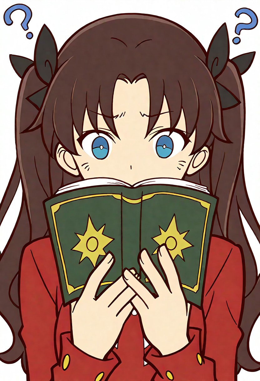 masterpiece, high quality, highres, flat colors, 1girl, solo, upper body, hands holding book, clagwimoth, confused, ?, worried, covered mouth, rin tohsaka, \(fate series\), dynamic angle,