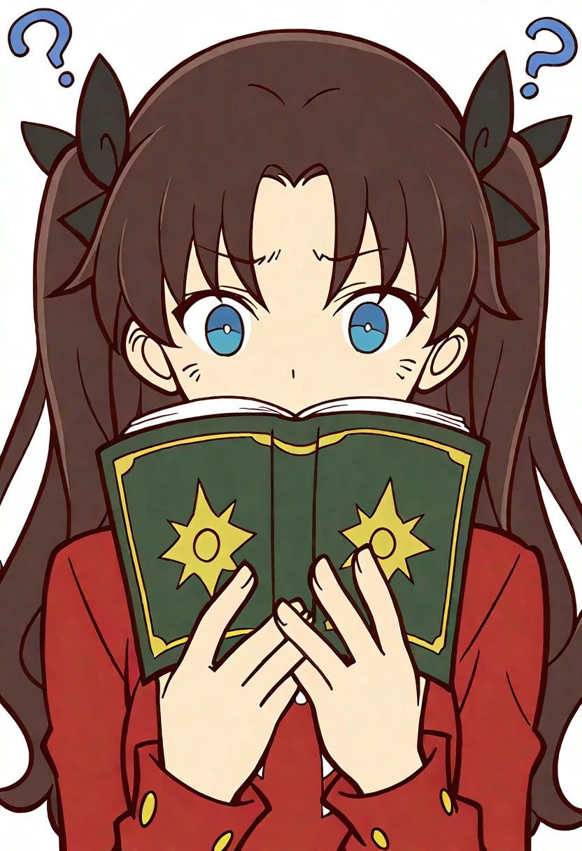 masterpiece, high quality, highres, flat colors, 1girl, solo, upper body, hands holding book, clagwimoth, confused, ?, worried, covered mouth, rin tohsaka, \(fate series\), dynamic angle,