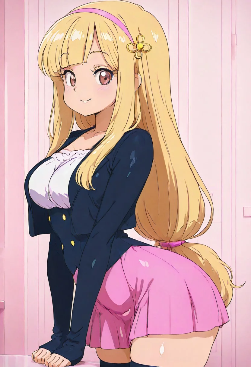 masterpiece, best quality, solo, curvy, beautiful eyes, narrow waist, wide hips, 1girl, solo, smile, looking at viewer, zzVioletta,
zzPearlCitron, brown eyes, blonde hair, long hair, straight hair, blunt bangs,, large breasts,, jacket, sleeves past wrists, pink skirt, black thighhighs, zettai ryouiki,
side view, ass, leaning forward, cowboy shot, smile, looking at viewer, shiny skin,