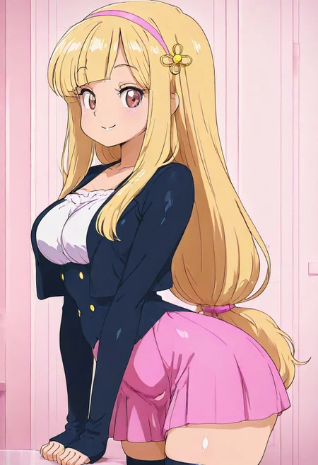 masterpiece, best quality, solo, curvy, beautiful eyes, narrow waist, wide hips, 1girl, solo, smile, looking at viewer, zzVioletta,
zzPearlCitron, brown eyes, blonde hair, long hair, straight hair, blunt bangs,, large breasts,, jacket, sleeves past wrists, pink skirt, black thighhighs, zettai ryouiki,
side view, ass, leaning forward, cowboy shot, smile, looking at viewer, shiny skin,
