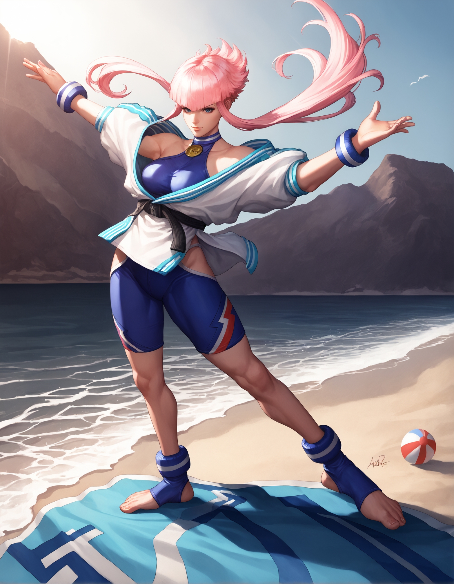 score_9, score_8_up, score_7_up,score_6_up,high resolution,mnon,mnon hair,source_anime,pink hair,1girl,solo,full body,jacket,bodysuit,bracelet,at beach,toeless legwear,volumetric lighting,rim lighting,dof,dramatic shadow,chiaroscuro,standing,dancing pose,looking at viewer
