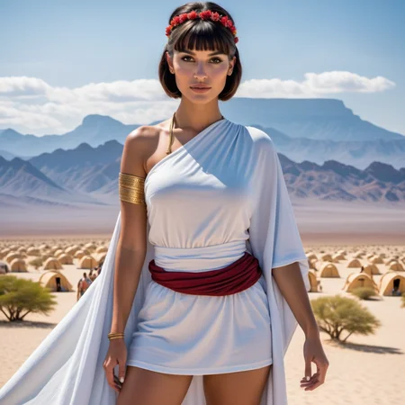 fullbody  image of a girl wearing a fantasy_ toga,<lora:fantasy_toga_sdxl_v1.3:1>,nomadic caravan, traveling group, mobile shelters, survival on the move  <lora:BodyconDress-V3a:1>, Akiko from Japan, (short-cut:1.2) tussled [blue-black:.3] hair