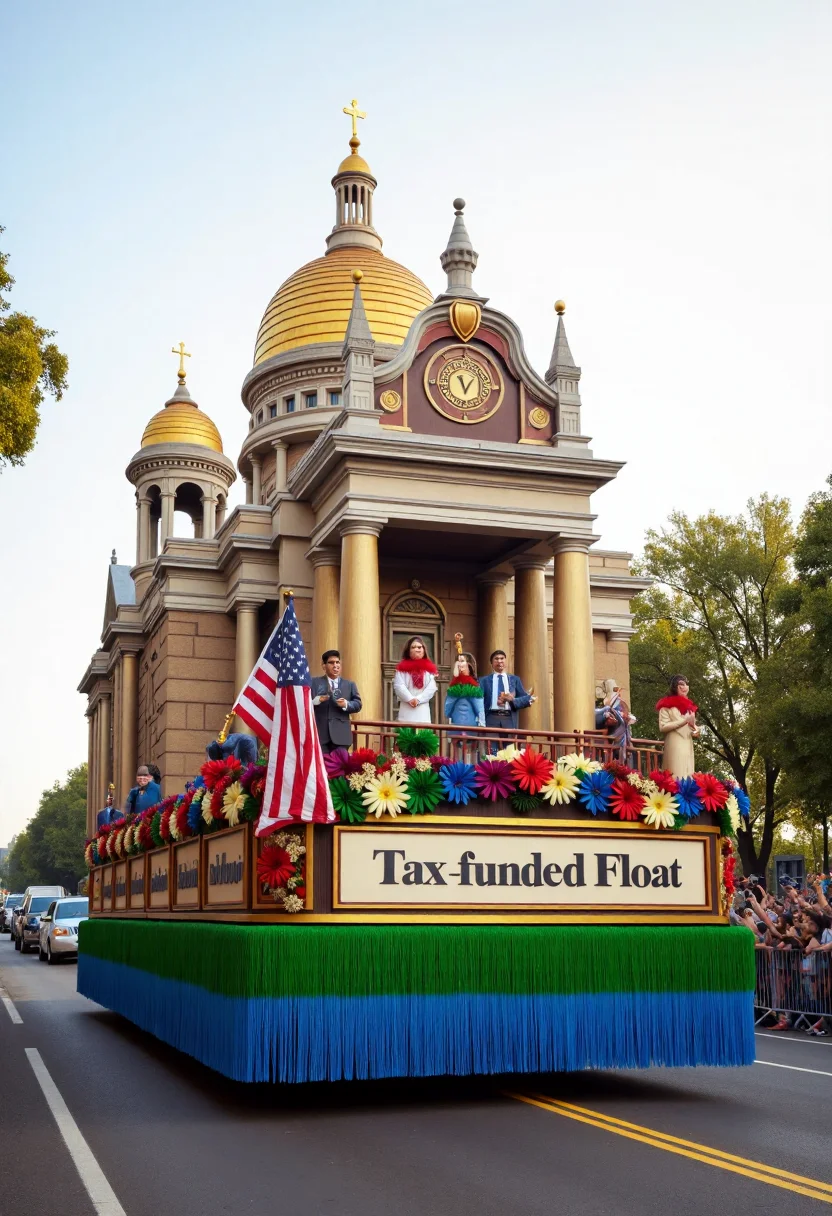 <lora:Parade_Float_Fashioner_FLUX-000005:0.9>
The image is a realistic photograph capturing a vibrant, elaborate government themed parade float including banner with text "Tax-funded Float".
