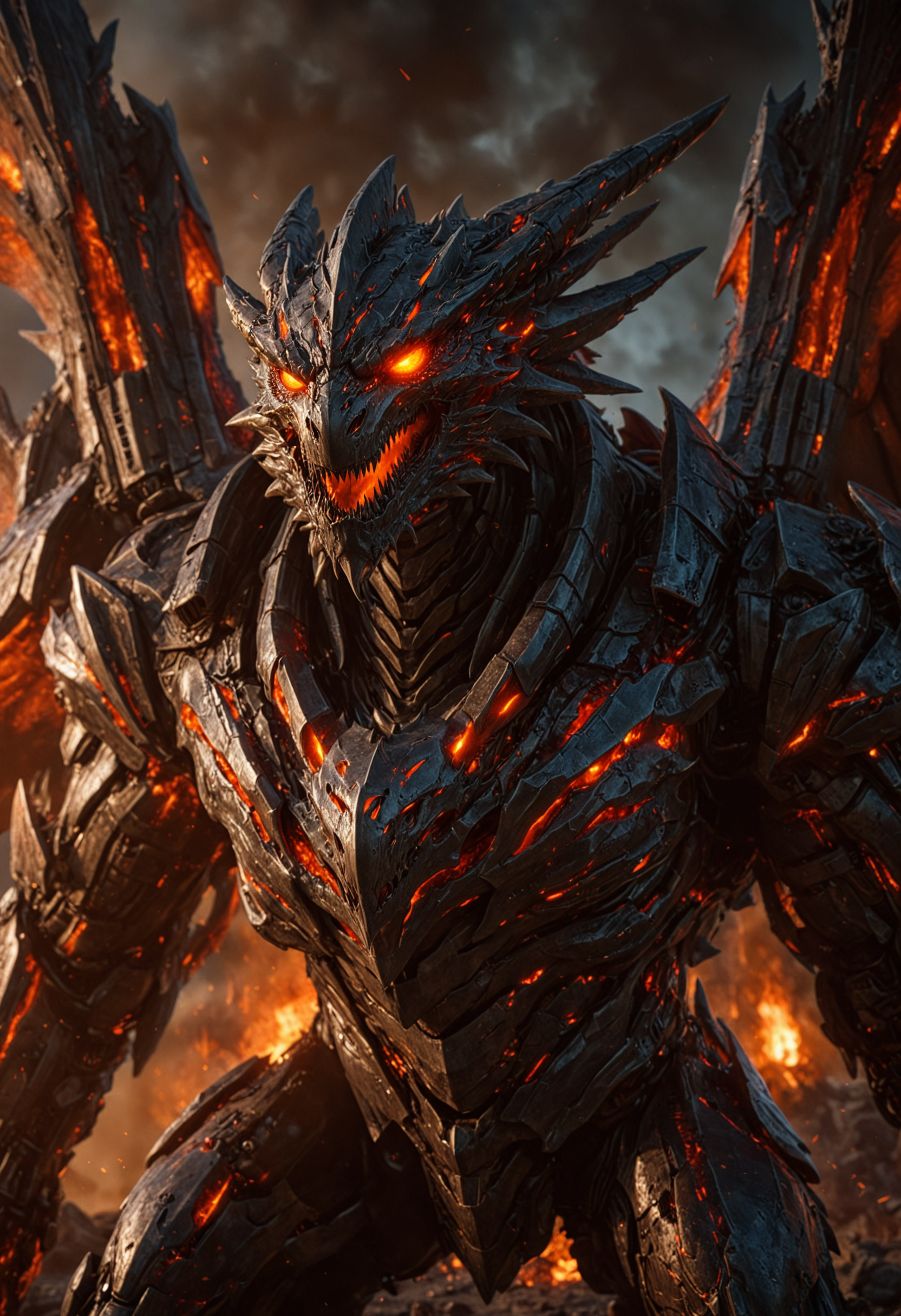 cinematic, intense scene, a colossal heavy-armored mech dragon, its metallic scales a blend of dark gunmetal gray and fiery red, reflecting the harsh battlefield lights. The dragon's body is heavily armored with jagged, reinforced plating and spiked protrusions, giving it a menacing, indestructible appearance. Its enormous wings, clad in interlocking metal segments, spread wide with a subtle, ominous glow from embedded energy lines. The dragon's eyes blaze with a fierce, glowing orange, and its roaring maw, lined with sharp, metallic teeth, spews trails of molten fire. The background is a chaotic warzone of smoldering ruins and explosions, enhancing the dramatic, apocalyptic atmosphere, <lora:DetailMaximizer:0.6>, <lora:MJ52_v2.0:0.5>, <lora:zavy-cntrst-sdxl:0.6>