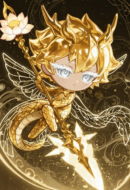 masterpiece,best quality,amazing quality,
colored eyelashes,white eyelashes,
scaled,lotus-inspired body,wings with delicate,flower-like patterns,spear with a lotus-shaped tip,majestic pose,solo,full body,misty,mystical background,(dragon theme:1.1),(floral theme:1.1),holding a powerful,ancient spear with a lotus-shaped blade,surrounded by an aura of wisdom and strength,with a few lotus flowers blooming around them,and a soft,golden light emanating from their scales as they embody the power of the lotus,
crk1styl111,<lora:lycoris:1>,(chibi:1.4),