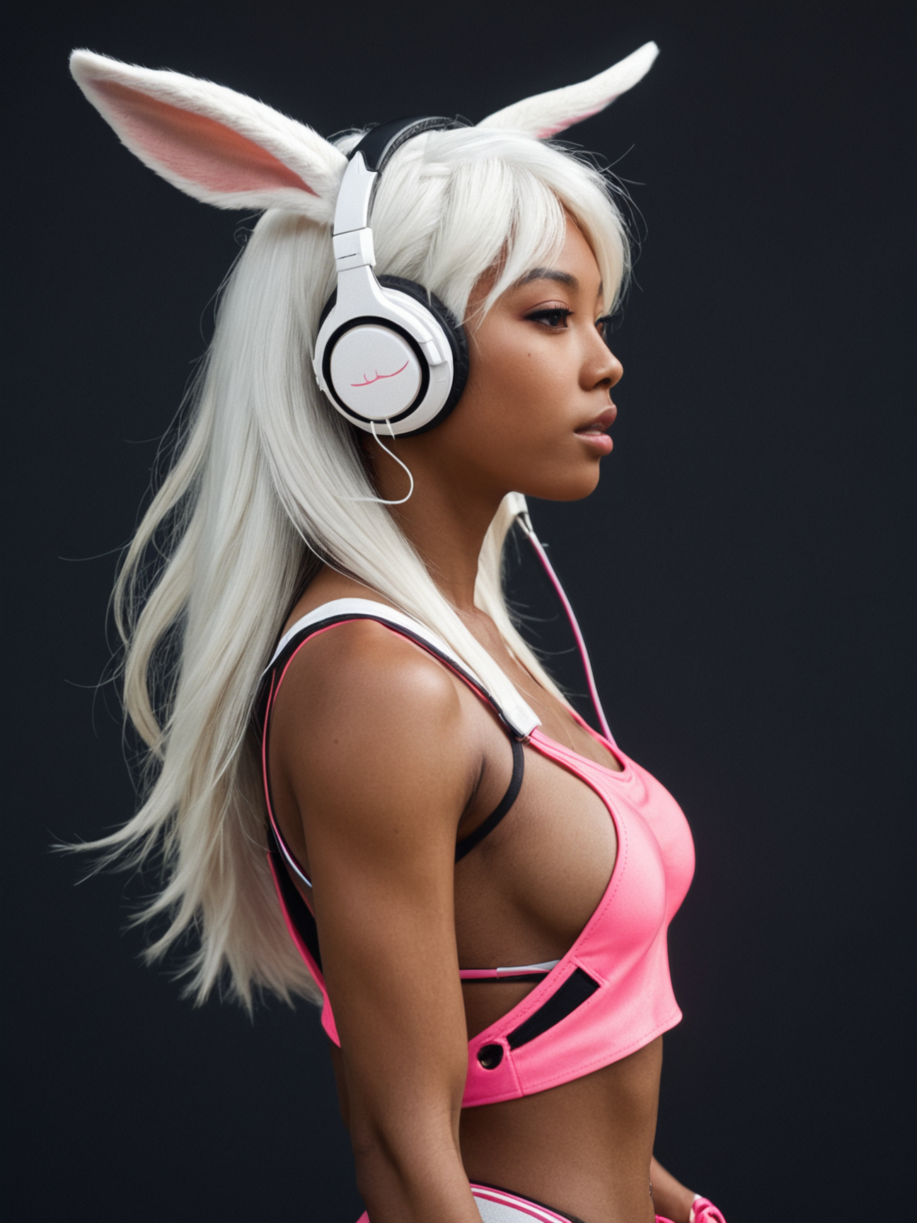 from side, 1girlrumi usagiyama, long hair, animal ears, white hair, dark skin, rabbit ears, dark-skinned female, muscular, rabbit girl, muscular female, parted bangs,expressionless,pink visor,glowing visor,headphones ,wire,standing , (empty eyes, pink eyes, no pupils), open mouth, anime screencap, looking at the viewer, photo, raw,realistic