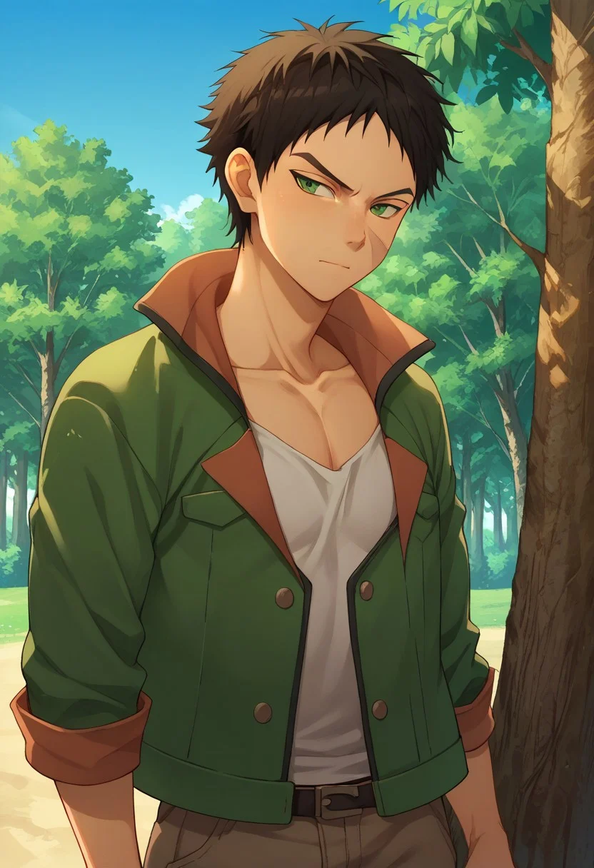 score_9, score_8_up, score_7_up, source_anime, highly detailed,
aston, 1boy, male focus, solo, black hair, scar, green eyes, annoyed, upper body, jacket, green jacket, standing, pants, slender, light smile, shy,
outdoor, sky, trees