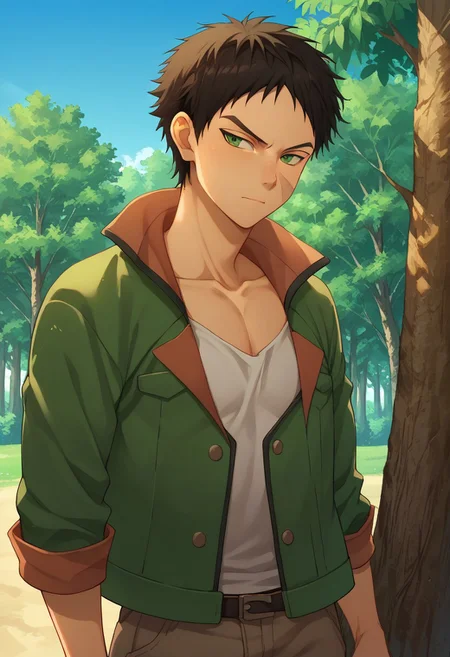 score_9, score_8_up, score_7_up, source_anime, highly detailed, 
aston, 1boy, male focus, solo, black hair, scar, green eyes, annoyed, upper body, jacket, green jacket, standing, pants, slender, light smile, shy,
outdoor, sky, trees