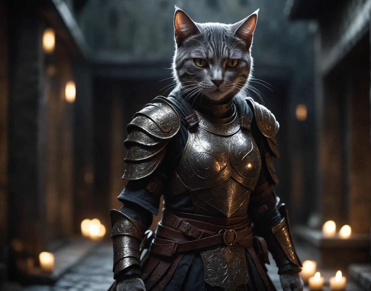 cinematic film still, a cat mage, armor, wrathful eyes, dark atmosphere, shallow depth of field, vignette, highly detailed, high budget, bokeh, cinemascope, moody, epic