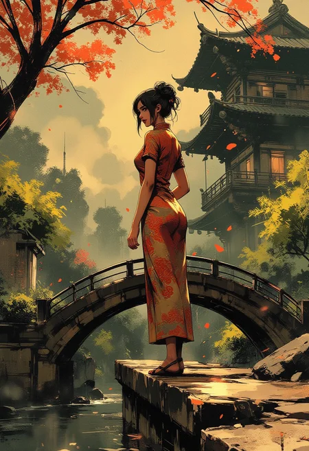 in the style of ck-mgs, nistyle, Special Ink-drawing mode, intricate linework with expressive contrasts, Mh1$AgThS2, Inkplash art on rice paper, sepia, henna , Silhouette Art, magnificent, inksplash image of stunning japanese woman, gold and red cheongsam, leaning on stone footbridge over a pristine river, dappled sunlight, turning to face viewer