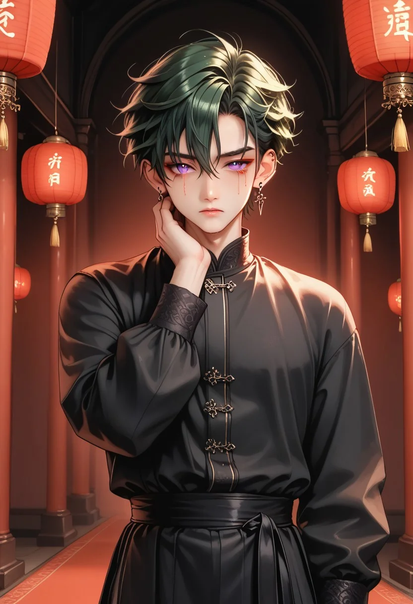 8k portrait, 1 boy,solo, (finely detailed beautiful eyes: 1.2), full body, cowboy shot, male focus, 20 years old,AntherimA, purple eyes, slit pupils, dark green hair, hair between eyes, asymmetrical hair parting, light_red_eyeshadow, ((1_earstud_left_side)), shy, dynamic pose,  chinese_clothing, red_clothes, long sleeves, flowing fabrics, gothic style , hand on eye, pained expression, crying, blood tears, intricate, elegant, highly detailed, majestic, professional photography, masterpiece, nighttime, very dark, lanterns, black waistband, hdr, chinese palace, red pillars,