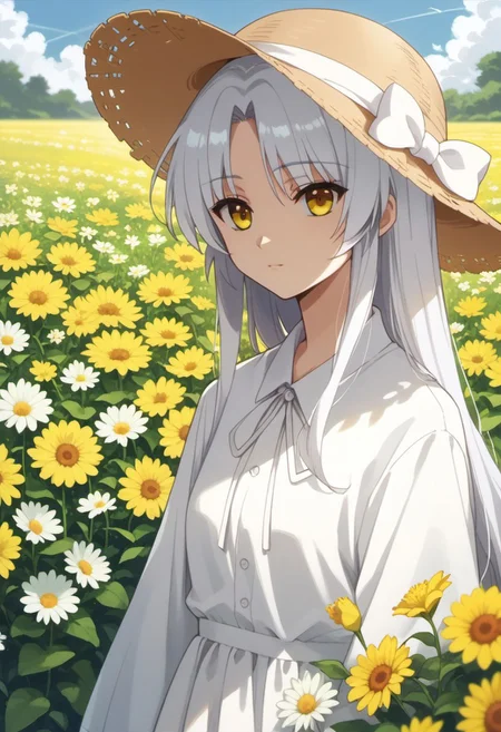 score_9, score_8_up, score_7_up, source_anime, tachibana kanade, white hair, long hair, yellow eyes, 1girl, hat, solo, flower, sun hat, flower field