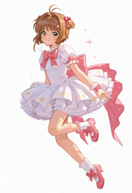 masterpiece, best quality, absurdres,masterpiece, very awa,simple background, white background,chibi, full body
BREAK
dynamic pose,cinematic shot,smile, looking at viewer, smile, dappled light, hair ribbons,flowing ribbons, full body
BREAK
Kinomoto_Sakura,green_eyes, brown_hair, short_hair, antenna_hair, hair_intakes, flat_chest, hair_bobbles, white dress,magical girl dress,ribbon,pink ribbon,large bow,huge bow,back bow, stars,star details, asymmetrical socks, pink pumps, pink shoes, puffy sleeves