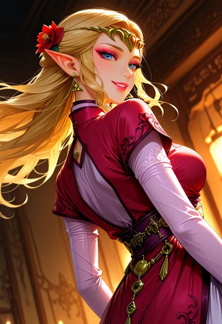 ultra realistic, masterpiece, high detailed skin, best quality, high res, very aesthetic, anime style, studio anime, source_ecchi, anime, (finely detailed face), (petite body:1.3), <lora:ootzelda-illu-nvwls-v1-000006:1> ocarzld, blonde hair, long hair, sidelocks, blue eyes, pointy ears, gold tiara, earrings, large breasts, makeup, smokyeyes, lash, pink mascara, puffy lips, glossy pink lips, 1girl, floating hair, jewelry, long hair, hair ornament, solo, flower, earrings, lips, chinese clothes, eyelashes, makeup, wind, bright red lips, red flower, dress, looking back, long sleeves, lipstick, hair flower, breasts, naughty grin on her lips, short sleeves, and the lighting is soft and warm. dramatic scenery, intricate details, (blurry background, depth of field:1.1), erotic and aesthetic, lascivious pose, aroused, dynamic dutch angle, from below, blurry background, bright colors, stunningly artwork, (blurry background, depth of field:1.1),