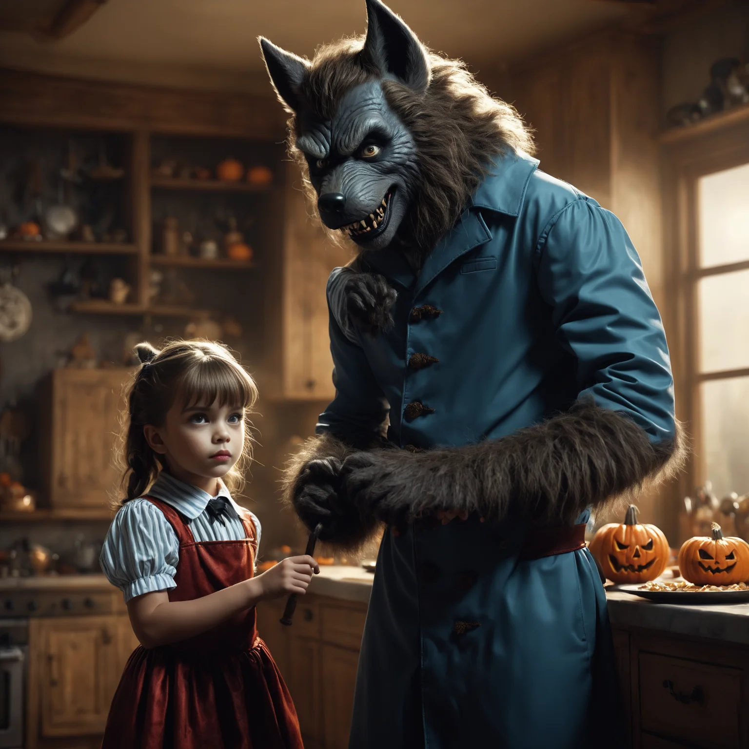 1boy, 1girl, 1werewolf, cute human kids are putting on a costumes for halloween. one of them is an werewolf. - (masterpiece, best quality) concept art in the style of erwin olaf, greg rutkowski, artgerm, kitchen scene, cinematic lighting, drama. cool color tones. (perfect hands) - (full length view), (dynamic pose)