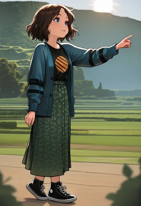 ,masterpiece, newest,absurdres,incredibly absurdres, best quality, amazing quality, very aesthetic, , depth of field, blurry foreground, 
,NathMine, 1girl, short hair, wavy hair, brown hair, blue eyes, blue cardigan, long sleeves cardigan, black stripes on cardigan sleeves,black t-shirt under cardigan, sun t-shirt,  sun symbol on t-shirt,  long skirt, floral skirt, green skirt, high-waist skirt, black sneakers, full body, gibli art style, anime art style, outdoor, green hills,