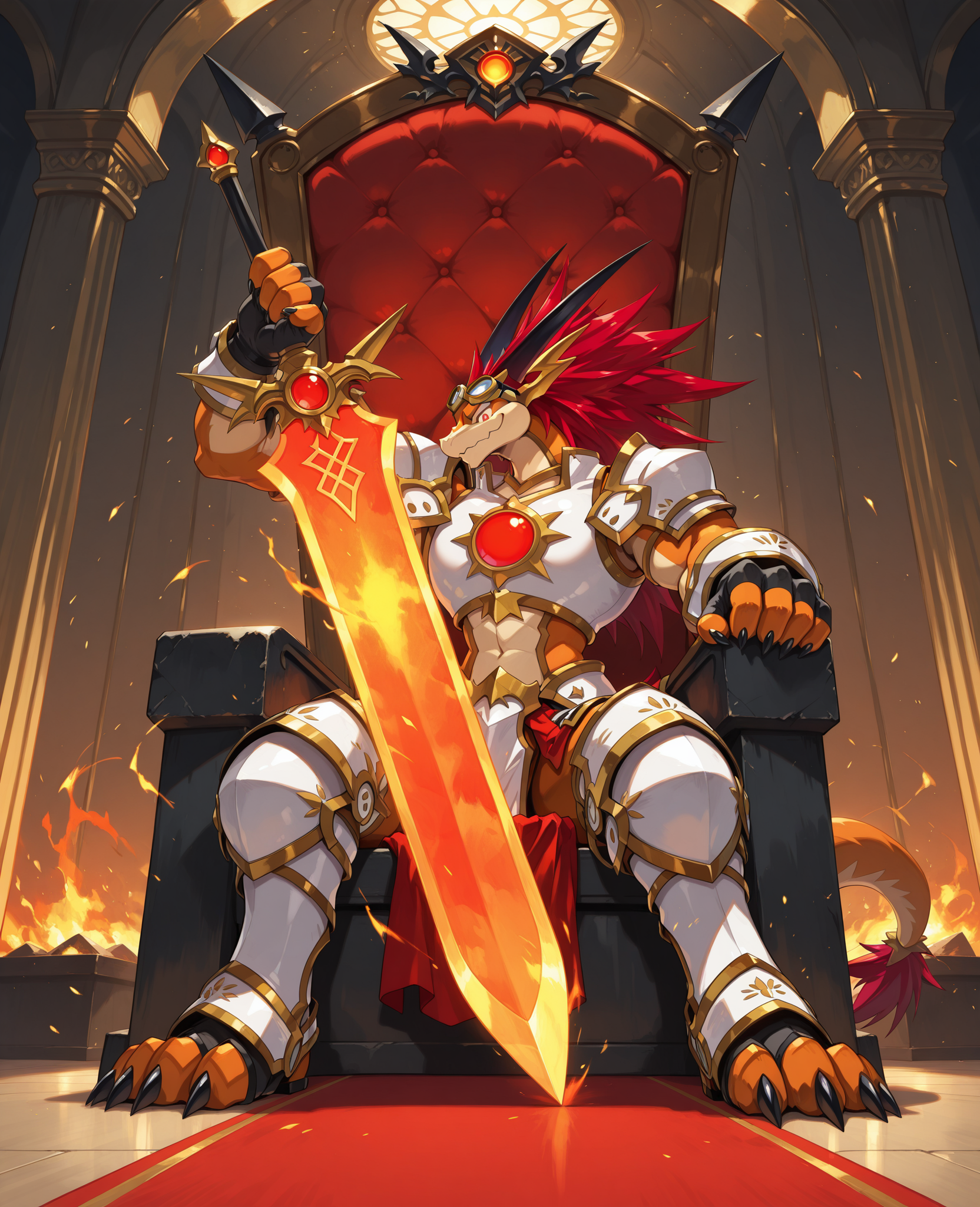 2d, male, Bal Dragon, solo, no human, dragon, dynamic tail pose, red eyes, medium red hair, long horns, armor, claws, wearing white goggles backward, sitting on a throne, resting his hand on a flaming sword, fire flowing from the blade, majestic and intimidating pose, glowing eyes, dramatic lighting, dark throne room with flames around, epic fantasy art, highly detailed,
BREAK  closed mouth, smile, side view, indoors, closed-up,
BREAK best quality, amazing quality, very aesthetic, absurdres, newest, masterpiece, detailed eyes,