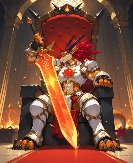 2d, male, Bal Dragon, solo, no human, dragon, dynamic tail pose, red eyes, medium red hair, long horns, armor, claws, wearing white goggles backward, sitting on a throne, resting his hand on a flaming sword, fire flowing from the blade, majestic and intimidating pose, glowing eyes, dramatic lighting, dark throne room with flames around, epic fantasy art, highly detailed,
BREAK  closed mouth, smile, side view, indoors, closed-up,
BREAK best quality, amazing quality, very aesthetic, absurdres, newest, masterpiece, detailed eyes,
