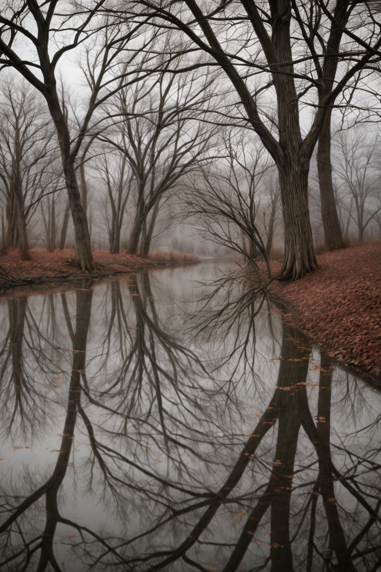 A hauntingly beautiful landscape of desolate trees shedding their leaves against a backdrop of an overcast sky, where each tree represents the weight of melancholy carried by an individual, yet within this scene emerges a serene pond, reflecting the tranquility and relief that comes with acknowledging and releasing emotional burdens,