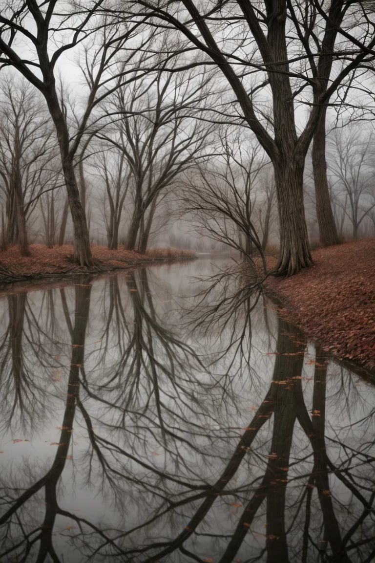 A hauntingly beautiful landscape of desolate trees shedding their leaves against a backdrop of an overcast sky, where each tree represents the weight of melancholy carried by an individual, yet within this scene emerges a serene pond, reflecting the tranquility and relief that comes with acknowledging and releasing emotional burdens,