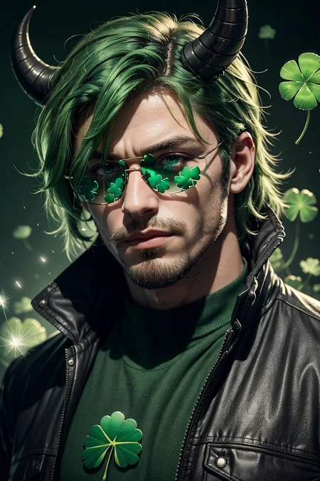 ((masterpiece, best quality)),  <lora:ShamrockWorld-10:0.8>, ShamrockWorld,  clover, four-leaf clover, light particles,  solo, 1boy, male focus, multicolored hair, green hair, horns, glasses, no humans, facial hair, sunglasses, beard, furry, green background, furry male, clover, four-leaf clover