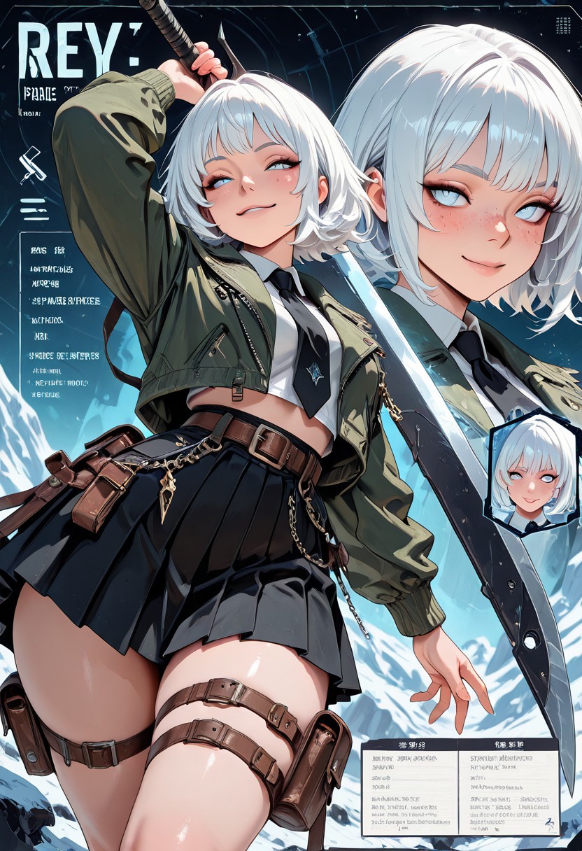 highres, very detailed, amazing quality, masterpiece,
very aesthetic,
particle effect,
1girl, detailed face, freckles, holding sword, oversized weapon, engraved, chains, fusion, green jacket, belts, black tie, black skirt, pleated skirt, jacket, midriff, puches, thigh pouch, white hair, 
looking at viewer, curvy, seductive smile,
action pose, dynamic angle, dynamic pose, 
Close up, depth of field, ray_tracing, cowboy shot, motion blur, foreshortening, cyberspace, surreal, very aesthetic, glacier,
multiple views sheet, reference sheet, character profile, character chart, multiple views, multiple expressions, turnaround, stats, notes, zoom layer,