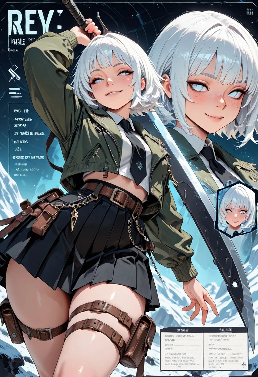 highres, very detailed, amazing quality, masterpiece,
very aesthetic,
particle effect,
1girl, detailed face, freckles, holding sword, oversized weapon, engraved, chains, fusion, green jacket, belts, black tie, black skirt, pleated skirt, jacket, midriff, puches, thigh pouch, white hair,
looking at viewer, curvy, seductive smile,
action pose, dynamic angle, dynamic pose,
Close up, depth of field, ray_tracing, cowboy shot, motion blur, foreshortening, cyberspace, surreal, very aesthetic, glacier,
multiple views sheet, reference sheet, character profile, character chart, multiple views, multiple expressions, turnaround, stats, notes, zoom layer,