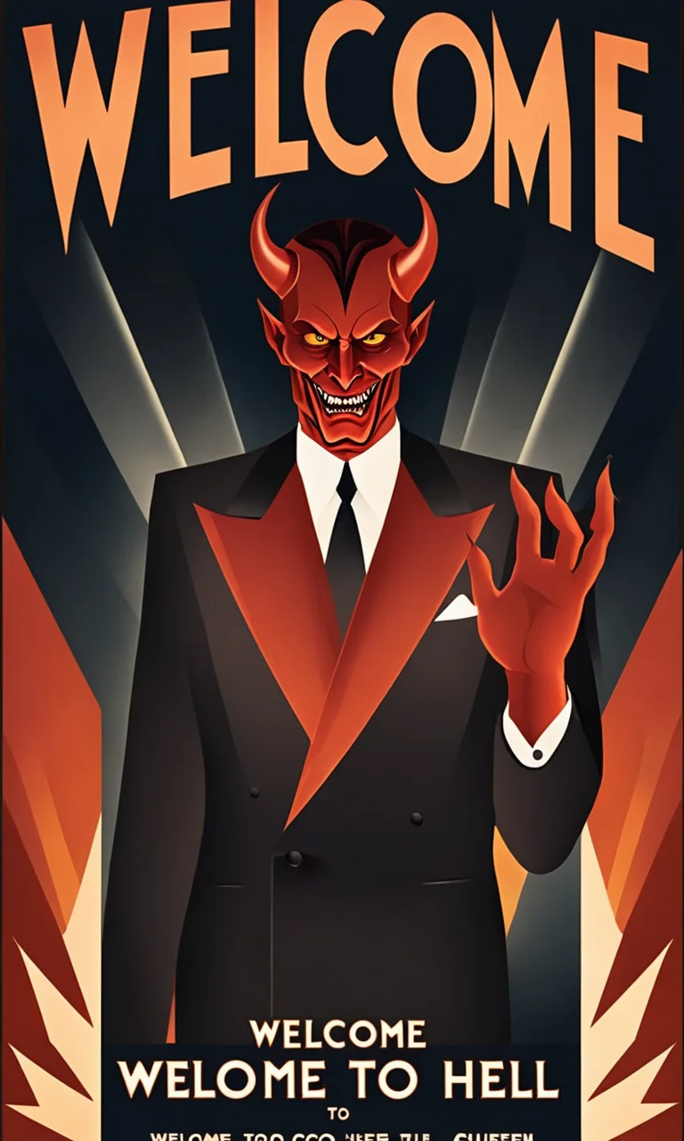 the devil wearing suit, Text:" Welcome to Hell", <lora:artdecopostsdxl:0.7>, art deco style poster, 1940s ad,