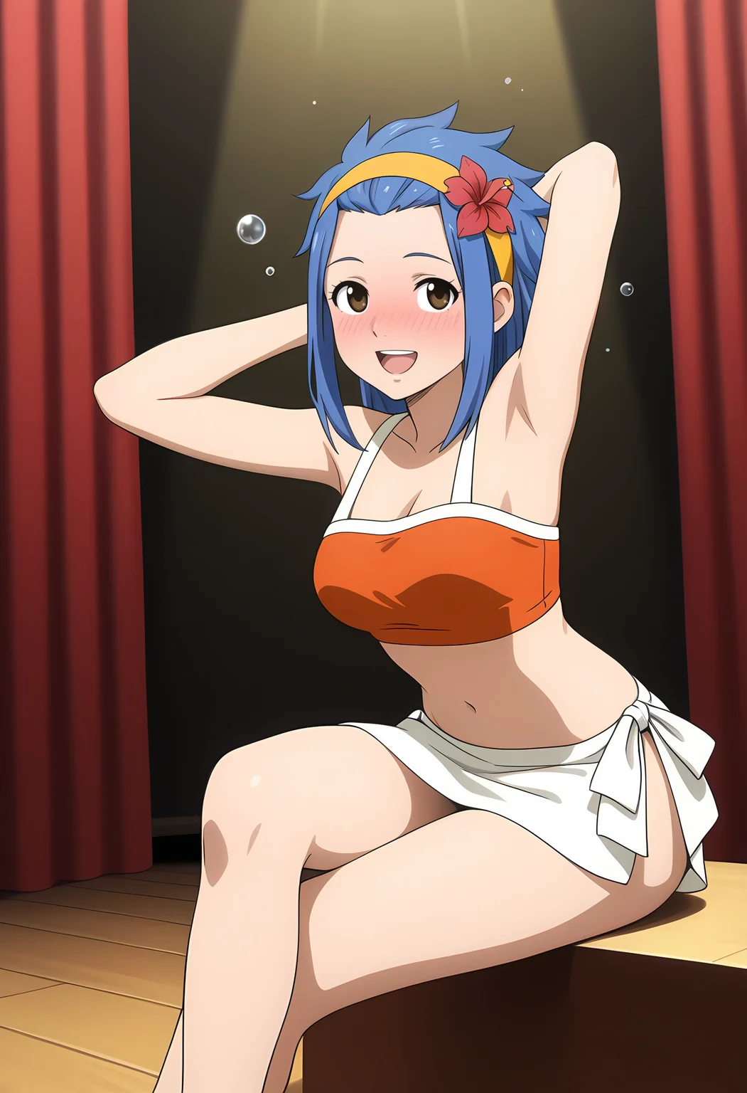 1girl, solo, 
<lora:LevyMcGardenSwimsuit_Illu_Dwnsty:0.8>, lvymcgrdswm, brown eyes, blue hair, medium hair, spiked hair, hair slicked back, sidelocks, yellow headband, hair ornament, hair flower, orange crop top, tankini, midriff, navel, bikini skirt, white skirt, side-tie bikini bottom,
drunk,  nose blush,  bubbles, closed mouth, looking up, crossed legs, arms behind head, steepled fingers,
theater stage, red curtains, spotlight, wooden floor, empty seats, dramatic, indoors,
medium breasts, detailed face, detailed eyes, looking at viewer, cowboy shot, :d, parted lips, upper teeth only,  happy,  
masterpiece, absurdres, amazing quality, aesthetic, newest,