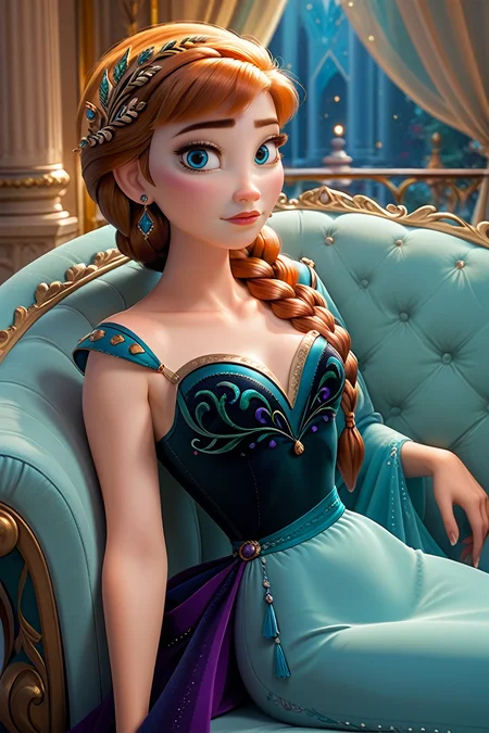 score_9, score_8_up, score_7_up,
<lora:DisneyAnna:1.0>
DisneyAnna, 1girl, orange hair, blue eyes, twin braids, looking at viewer, reclining on a vintage chaise lounge, one arm draped over the back, elegant ballroom with crystal chandeliers, soft ambient lighting, luxurious and sophisticated setting