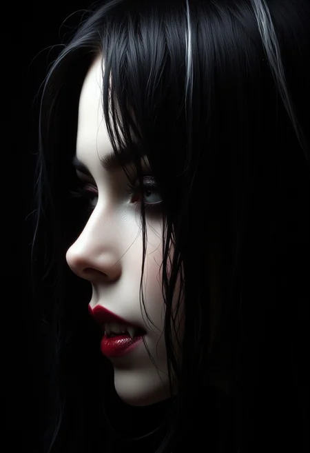 masterpiece, high detail, ArsMJStyle, dnddarkestfantasy, masterpiece, closeup portrait of stunning oriental vampire woman, long black hair with white streak, dark eyeshadow, red lips, mouth slightly open showing fangs, chiascuro, sexy, seductive, erotic, direct gaze, dark background. highest definition, HD32K, wallpaper, hyperdetailed, concept art, extreme closeup, side profile