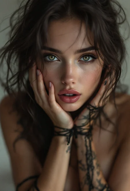 4k Erotic photo art of the most gorgeous girl alive with subvert expectations, puckered lips, highly detailed gorgeous eyes, highly detailed clothes, highly detailed face, highly detailed perfect hands, highly detailed background, highly detailed gorgeous legs, seductive clothes