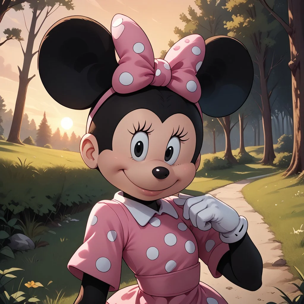 score_9, score_8, BREAK, solo, Minnie Mouse, Mouse ears, thin black mouse tail, black fur, white gloves, pink bow with white polka dots on head, black eyes, long eyelashes, black nose, black fur body, cream color face, sexy pose, self portrait, smile, outdoors, sunlight, shadows, evening lighting, natural lighting, forest, trees, grass, orange sky, sunset
