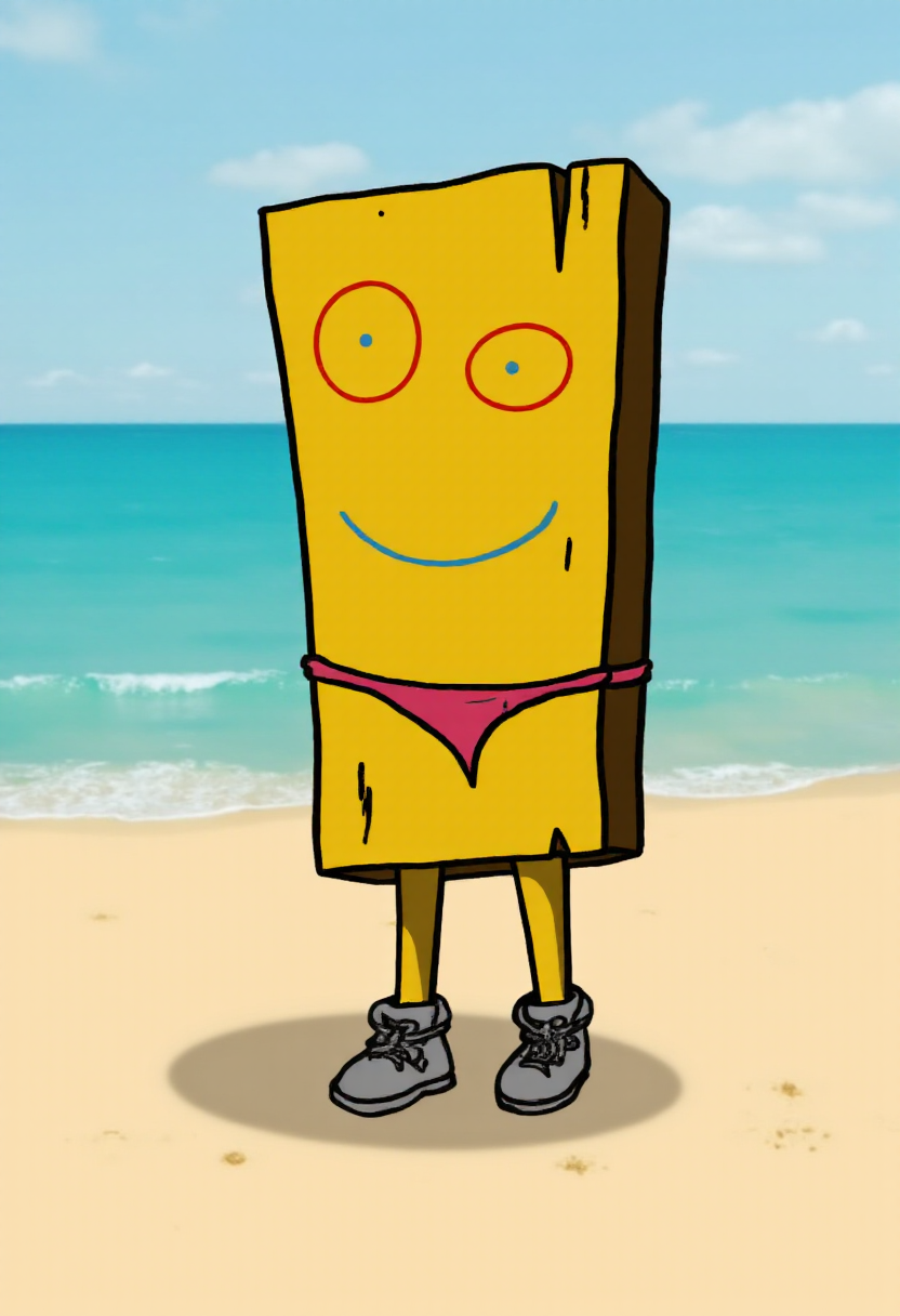 <lora:Plank_-_Ed_Edd_n_Eddy_-_Flux:1.0> 
A semi-realistic depiction of Plank with wearing a sexy bikini on a beach.