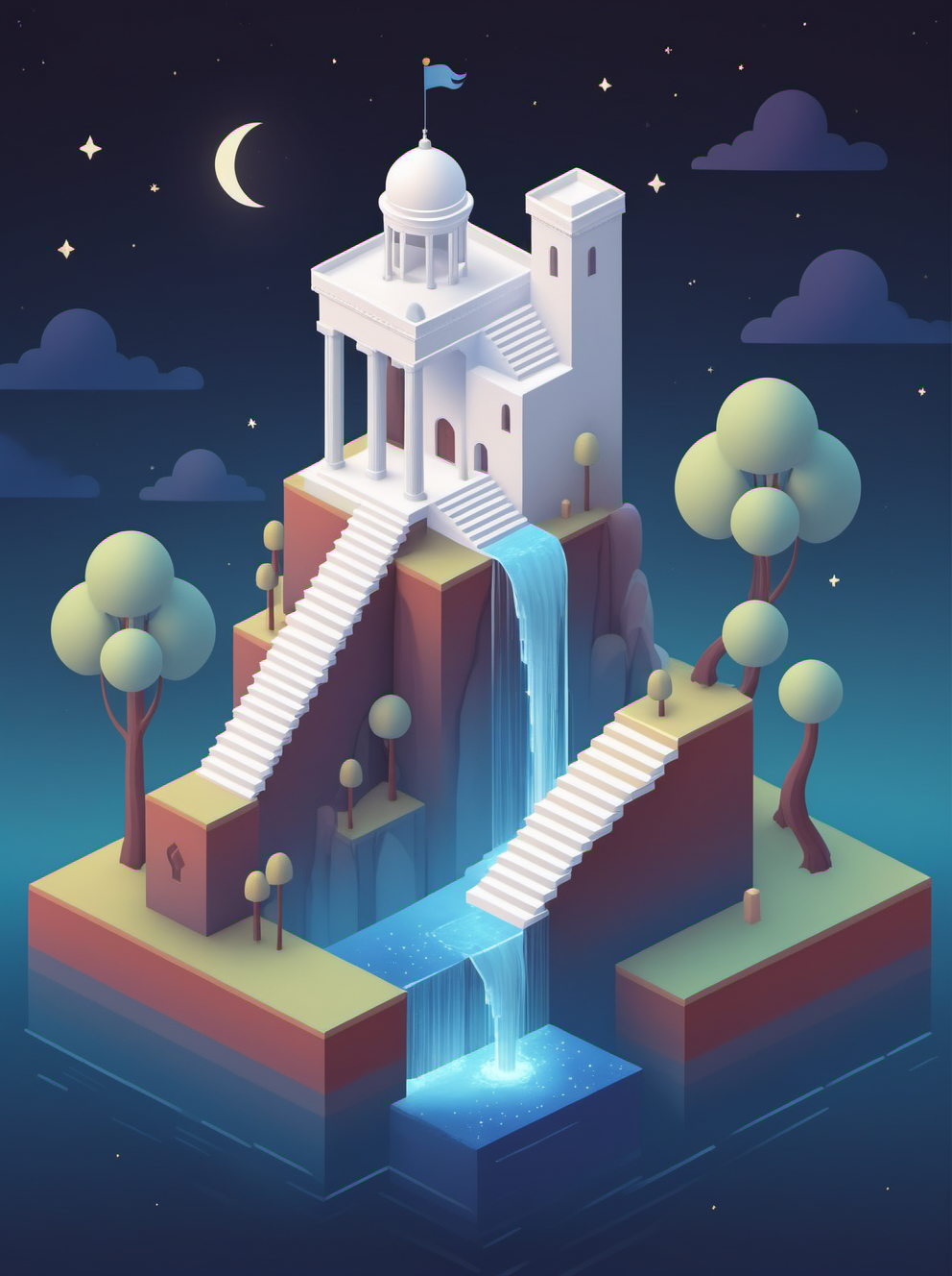 video game monument valley style, The White House,  stairs, water, cloud, trees, waterfall, gradient background, Night, starry sky, <lora:Monument Valley style:0.45>